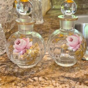 Roses on Glass Vintage Perfume Bottles with Stoppers